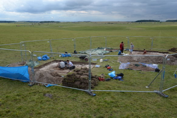 Overview of the excavation of T1 and T2 with Stonehenge in the background