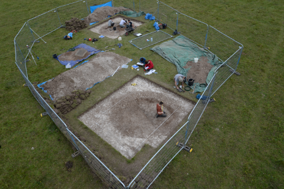 Bird's eye view of excavation of T1 (Mesolithic pit) and T2